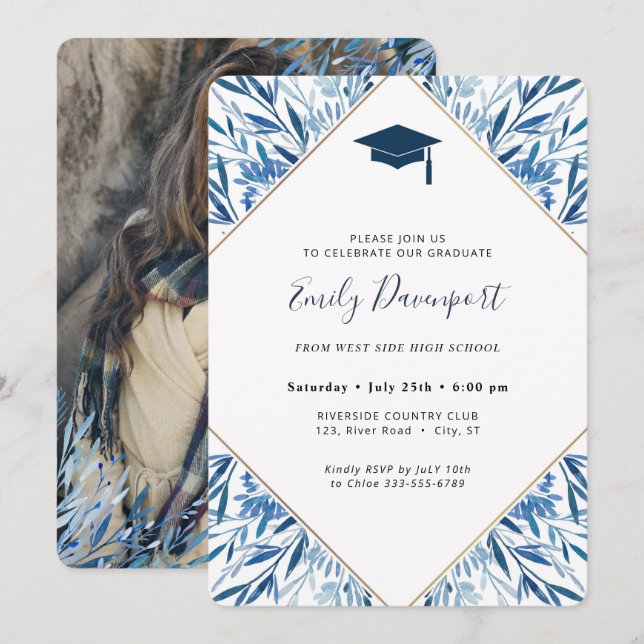 Invitación a graduación azul foto de atrás (Anverso / Reverso)