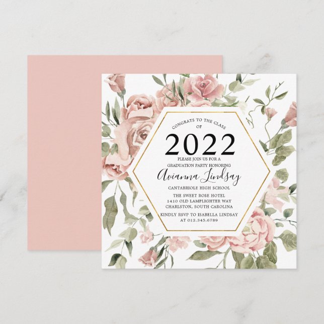 Invitación a graduación botánica de rosa rosado y  (Anverso / Reverso)