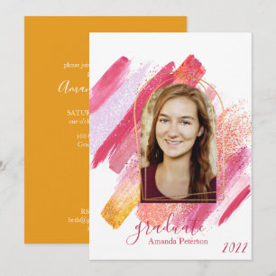 Invitación a graduación con arco rosado y oro mode