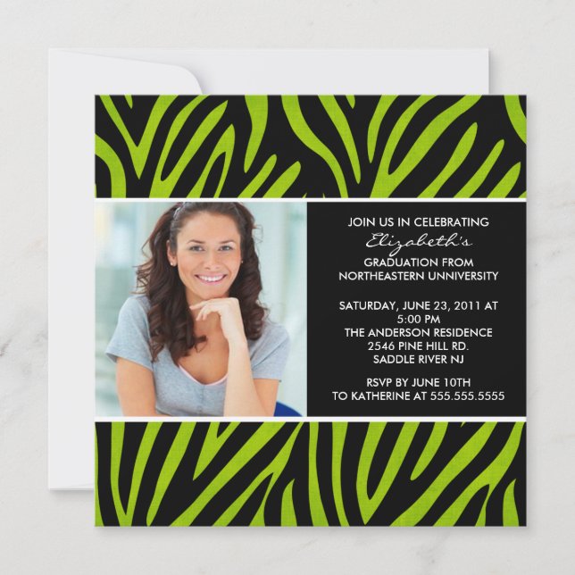 Invitación a graduación con cebra verde foto Lime (Anverso)