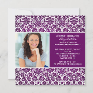 Invitación a graduación con foto morada Damasco