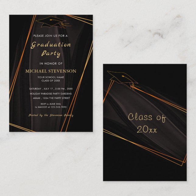 Invitación a graduación con marco de Moder negro y (Anverso / Reverso)