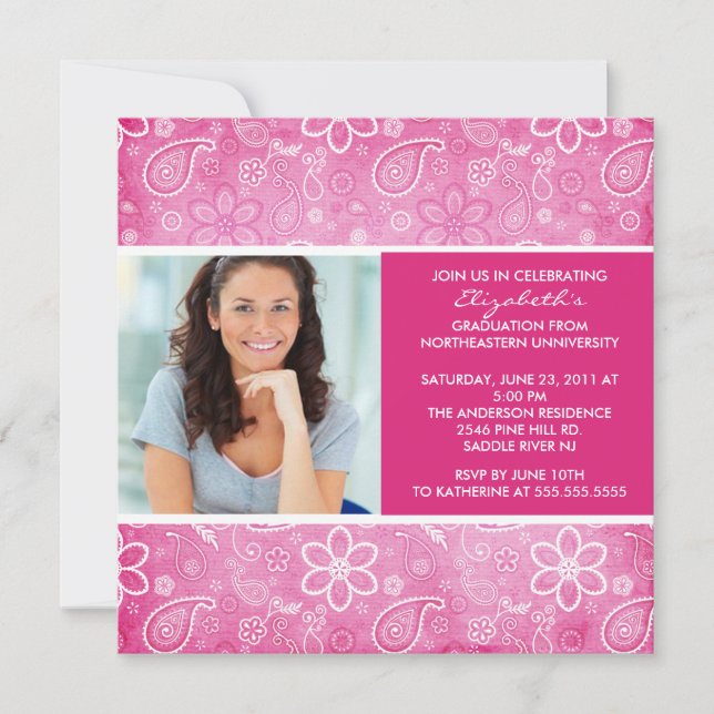 Invitación a graduación con Photo Pink Paisley (Anverso)