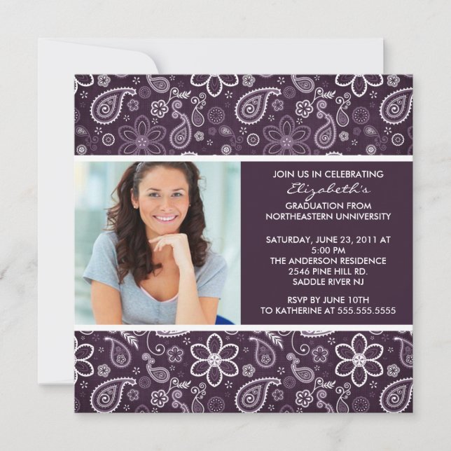 Invitación a graduación con Photo Purple Paisley (Anverso)