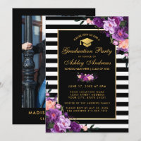 Invitación a graduación con rayas de oro morado - 