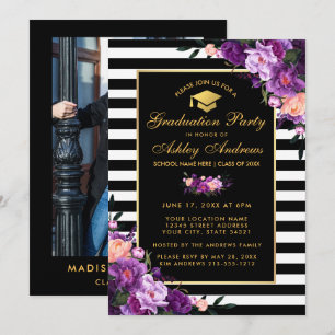 Invitación a graduación con rayas de oro morado - 