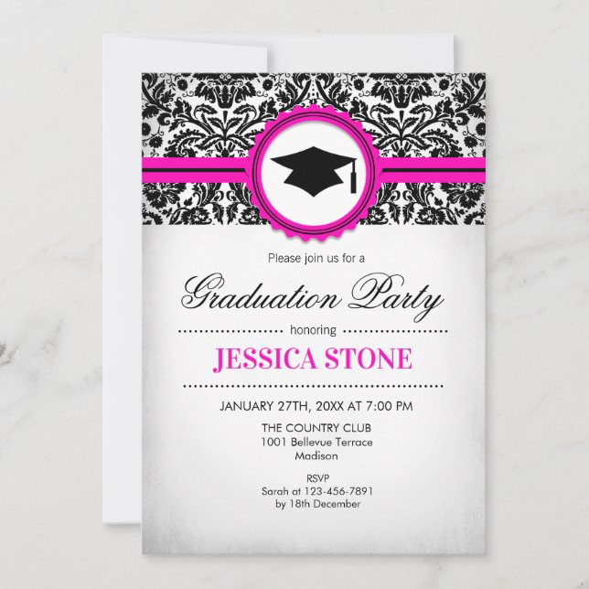 Invitación a graduación - Damasco blanco rosado (Anverso)