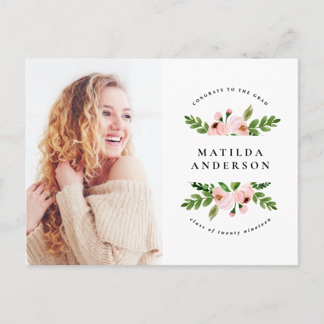 Invitación a graduación de acuarela floral rosa (Anverso)