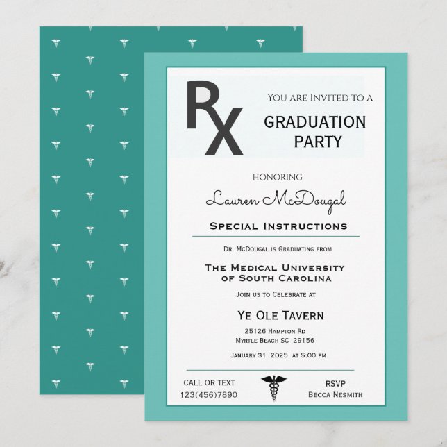 Invitación a graduación de almohadillas de prescri (Anverso / Reverso)
