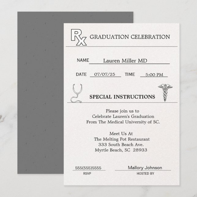 Invitación a graduación de almohadillas de prescri (Anverso / Reverso)