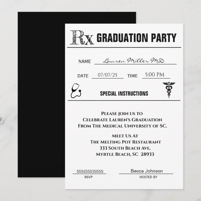 Invitación a graduación de almohadillas de prescri (Anverso / Reverso)