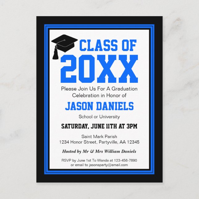 Invitación a graduación de año de clase azul y neg (Anverso)