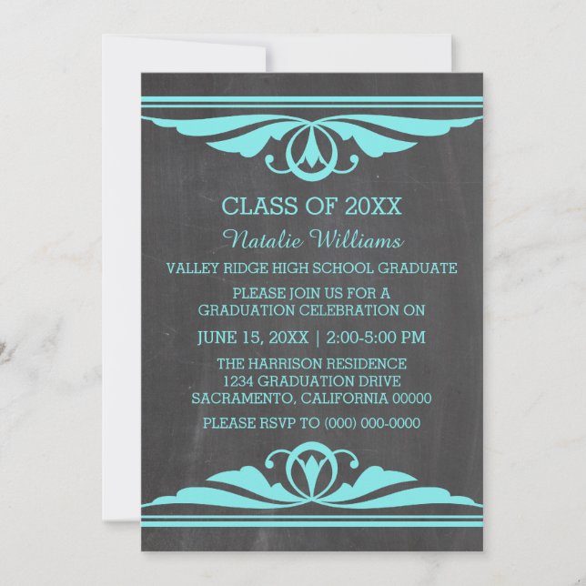 Invitación a graduación de Aqua Deco Chalkboard (Anverso)
