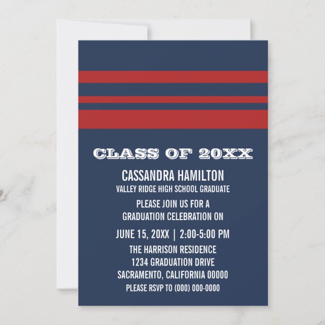 Invitación a graduación de banda negrita azul/roja (Anverso)
