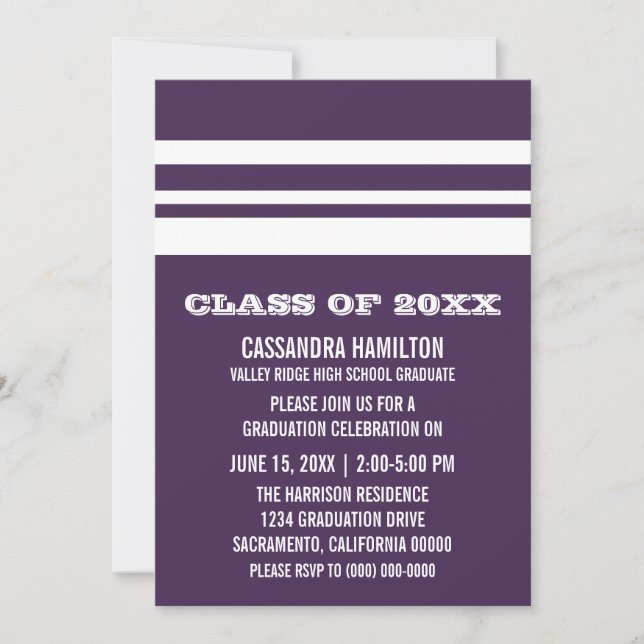 Invitación a graduación de banda negrita morada/bl (Anverso)