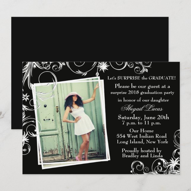 Invitación a graduación de Black & Pearl Swirl (Anverso / Reverso)