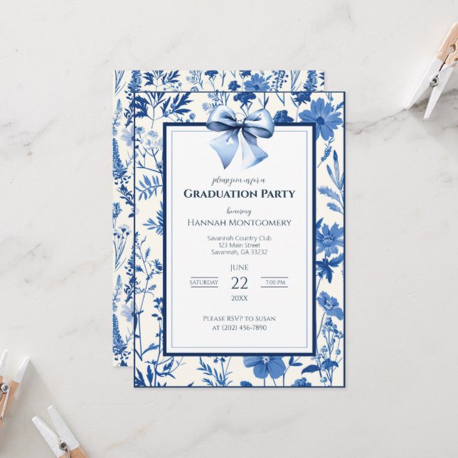 Invitación a graduación de Blue Coquette Toile Bow (Anverso/Reverso In Situ)
