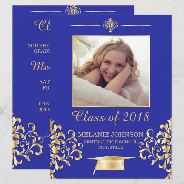 Invitación a graduación de Blue y Gold (Anverso / Reverso)