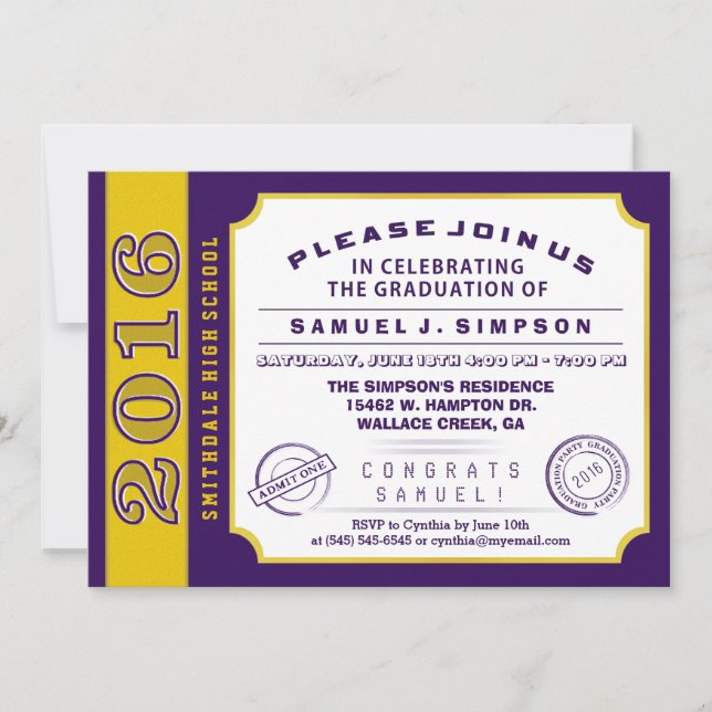 Invitación a graduación de boletos morados y dorad (Anverso)