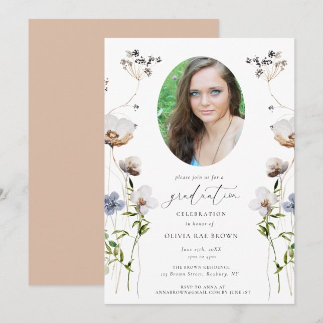 Invitación a graduación de caligrafía de flor silv (Anverso / Reverso)