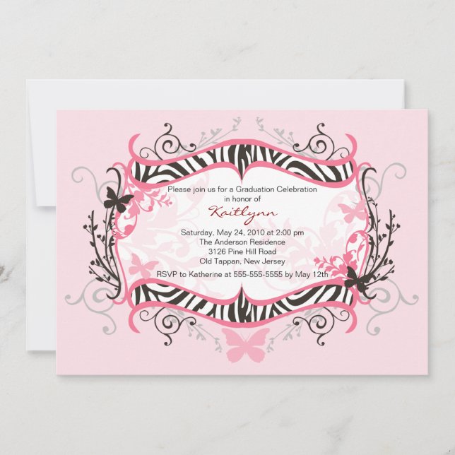 Invitación a graduación de cebra rosa (Anverso)