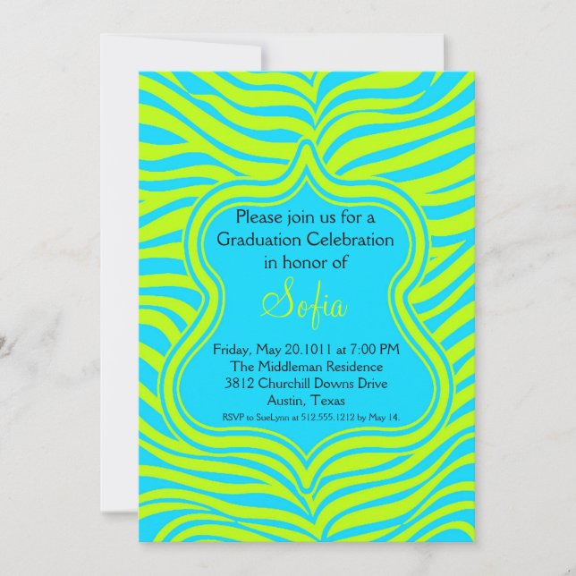 Invitación a graduación de Cebra Verde Aqua & Lime (Anverso)