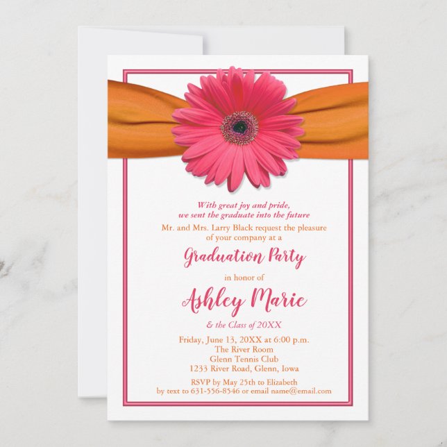 Invitación a graduación de Cinta Naranja Gerbera r (Anverso)