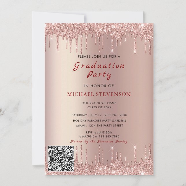 Invitación a graduación de código QR de Rosa Gold  (Anverso)