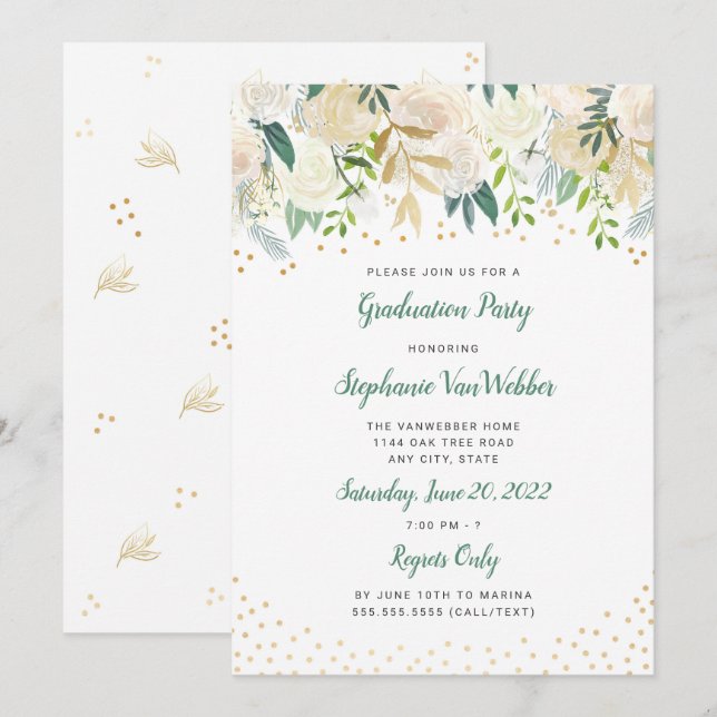 Invitación a graduación de Confetti de oro floral  (Anverso / Reverso)