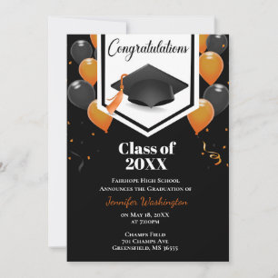 Invitación a graduación de confetti negro y naranj