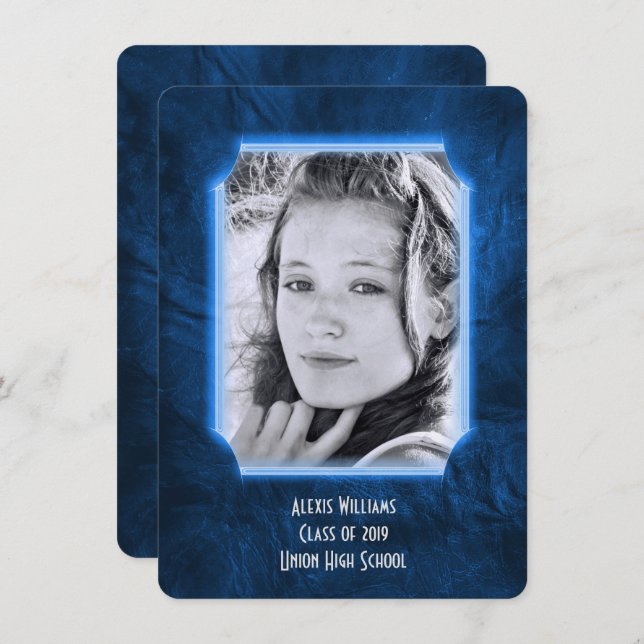 Invitación a graduación de cuero azul (Anverso / Reverso)