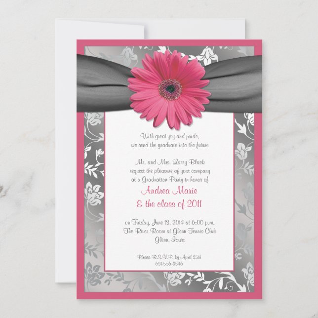 Invitación a graduación de Damasco rosa y gris (Anverso)