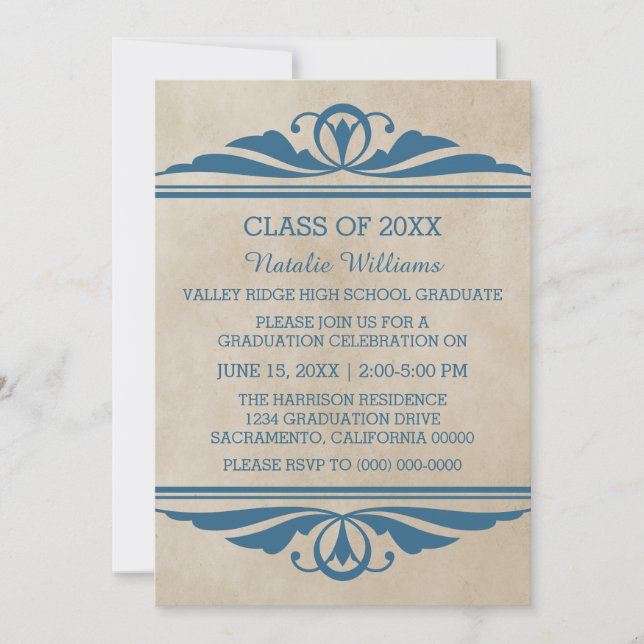 Invitación a graduación de deco azul elegante (Anverso)
