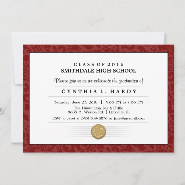 Invitación a graduación de Diploma Maroon de la Fr (Anverso)