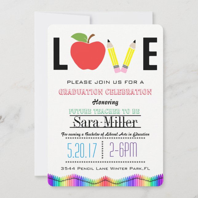 Invitación a graduación de docente Crayola Rainbow (Anverso)