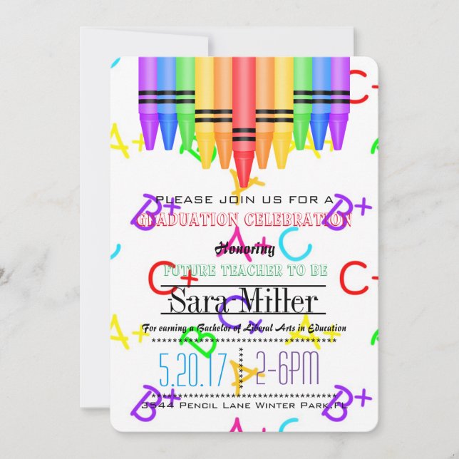 Invitación a graduación de docente Crayola Rainbow (Anverso)