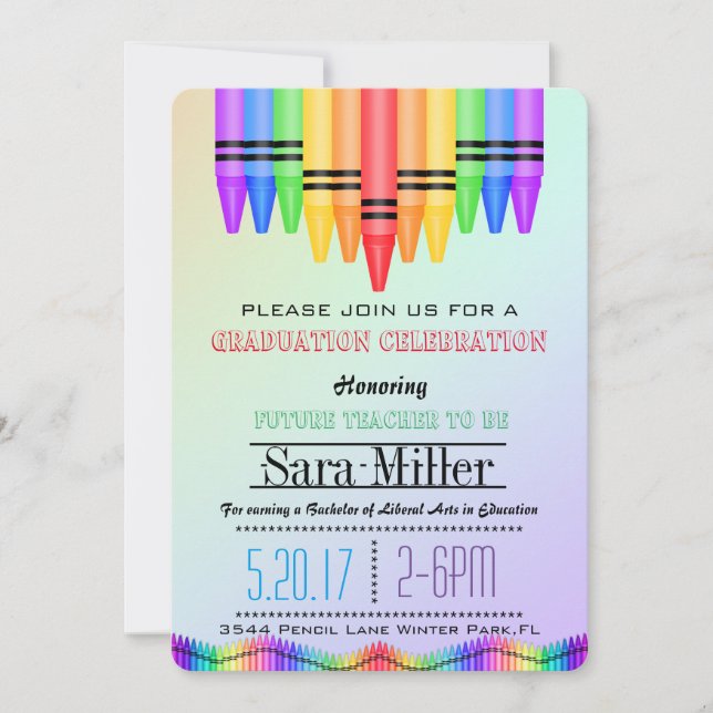 Invitación a graduación de docente Crayola Rainbow (Anverso)