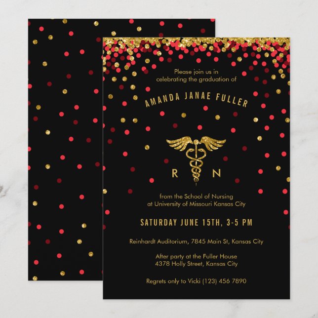 Invitación a graduación de Enfermería de Confetti  (Anverso / Reverso)