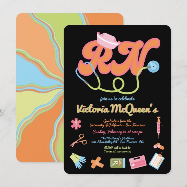 Invitación a graduación de enfermería de Retro 60 (Anverso / Reverso)