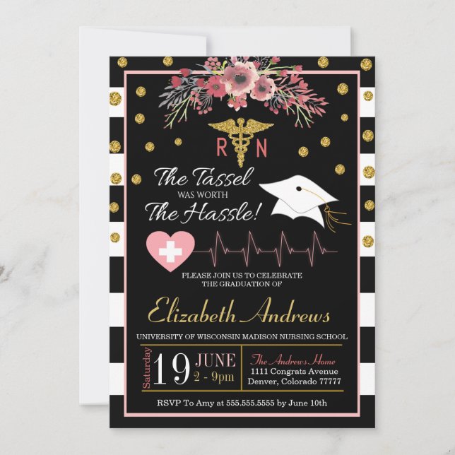Invitación a graduación de enfermería - Floral (Anverso)