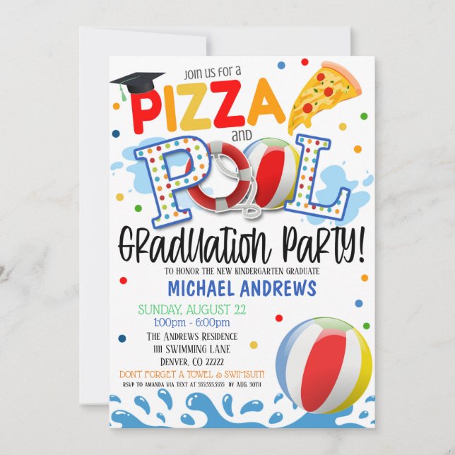 Invitación a graduación de Fiesta Pizza y Pool (Anverso)