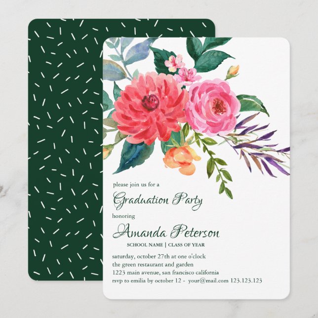 Invitación a graduación de flores de Pink Peonies  (Anverso / Reverso)