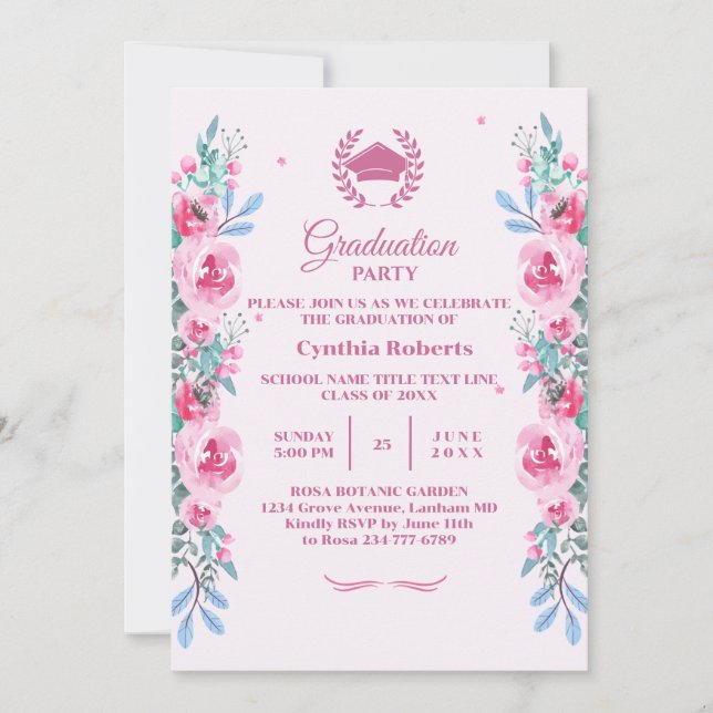 Invitación a graduación de flores rosadas (Anverso)