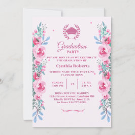 Invitación a graduación de flores rosadas