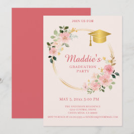 Invitación a graduación de flores rosadas