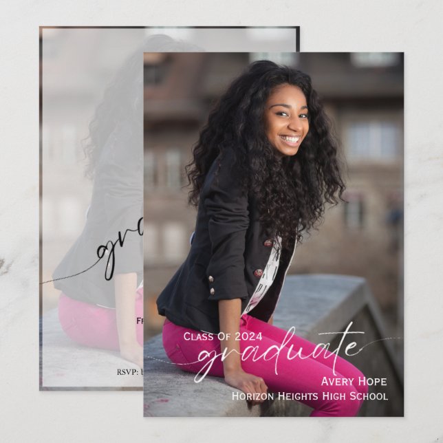 Invitación a graduación de foto de escritura moder (Anverso / Reverso)