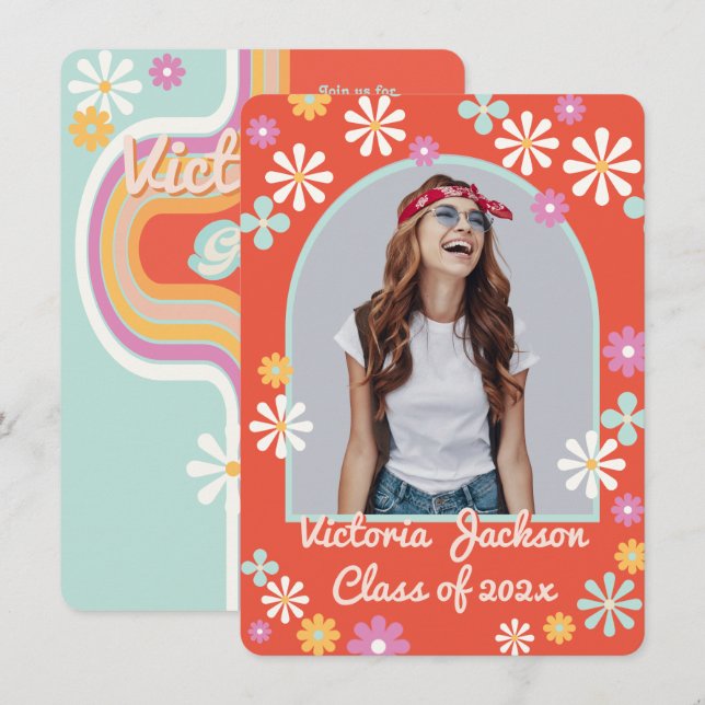 Invitación a graduación de foto de flores hippie (Anverso / Reverso)