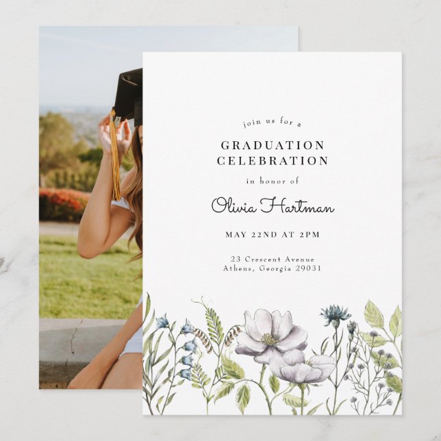 Invitación a graduación de foto de flores silvestr (Anverso / Reverso)