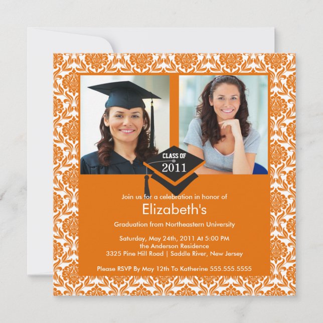 Invitación a graduación de foto de Naranja y Damas (Anverso)