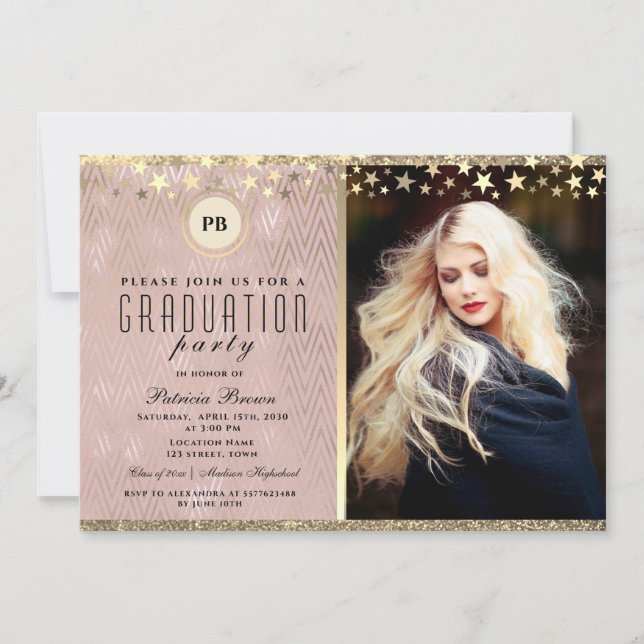 Invitación a graduación de foto de oro Rosa purpur (Anverso)